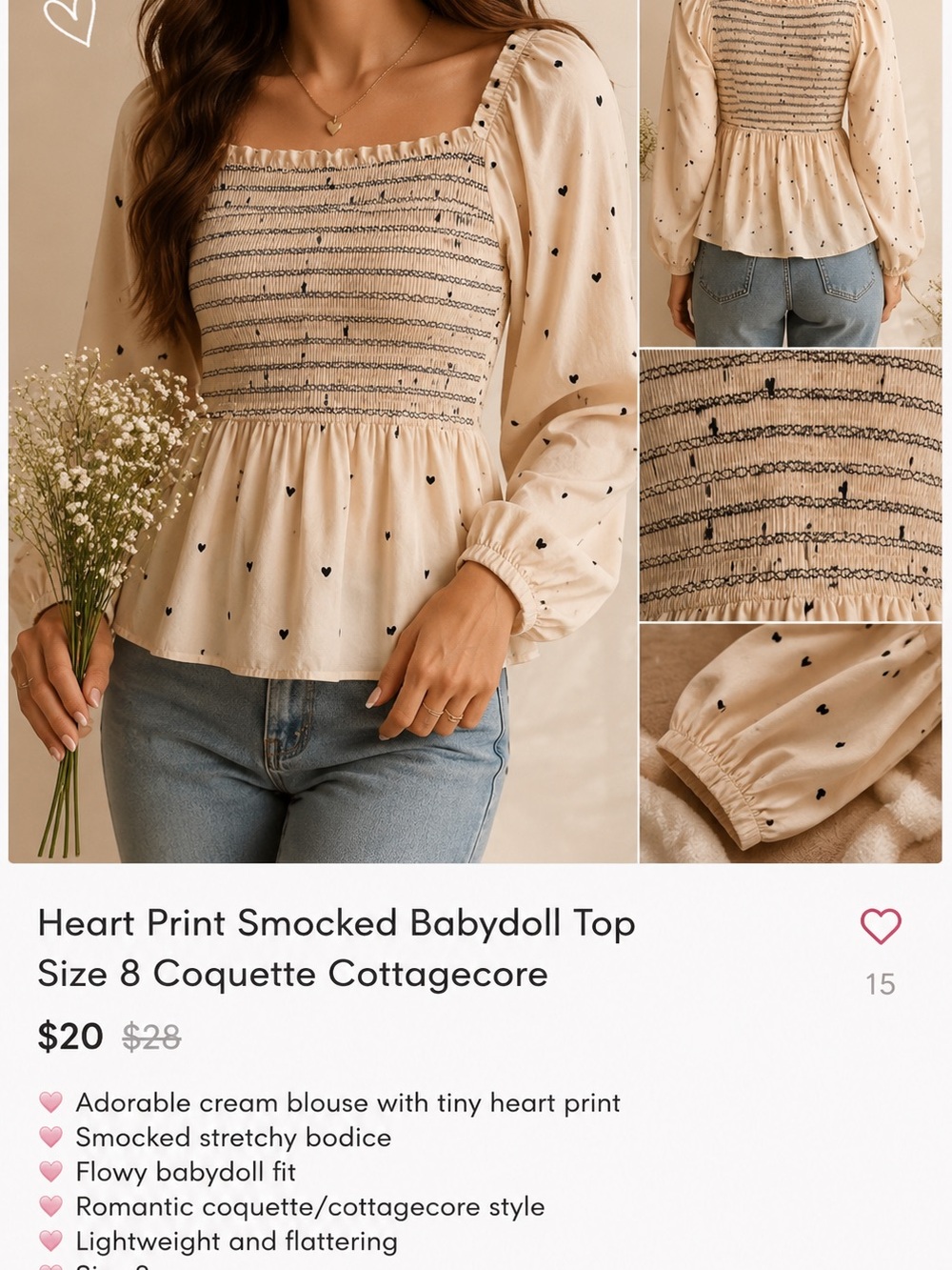 Heart Print Smocked Babydoll Top 🤍